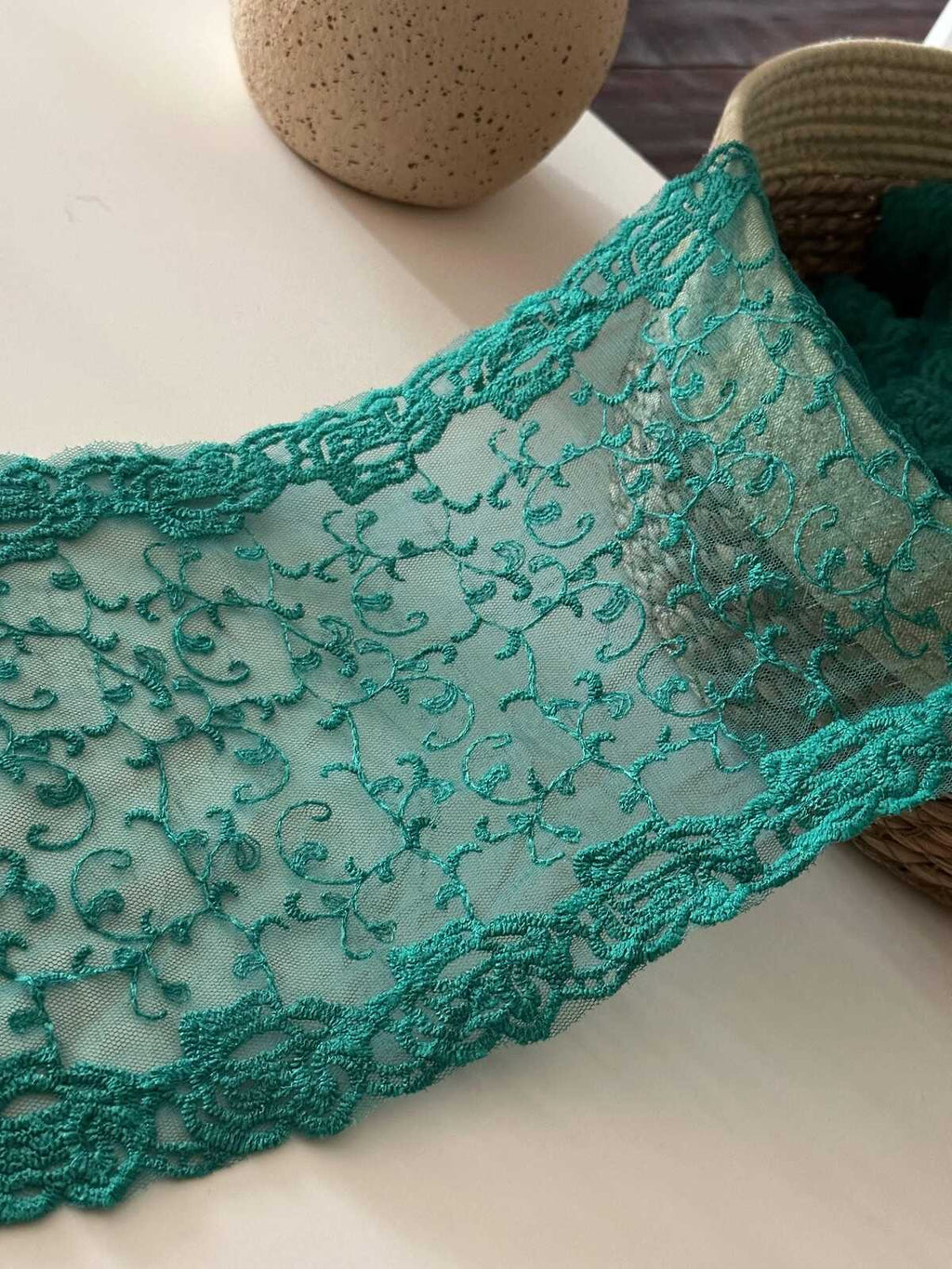 3Yds Teal Green Embroidered Lace, 7.2" Wide Cotton Trim, Bulk Clearance Coquette Y2K Lace, Garment Trim, DIY Sewing, Retail Wholesale