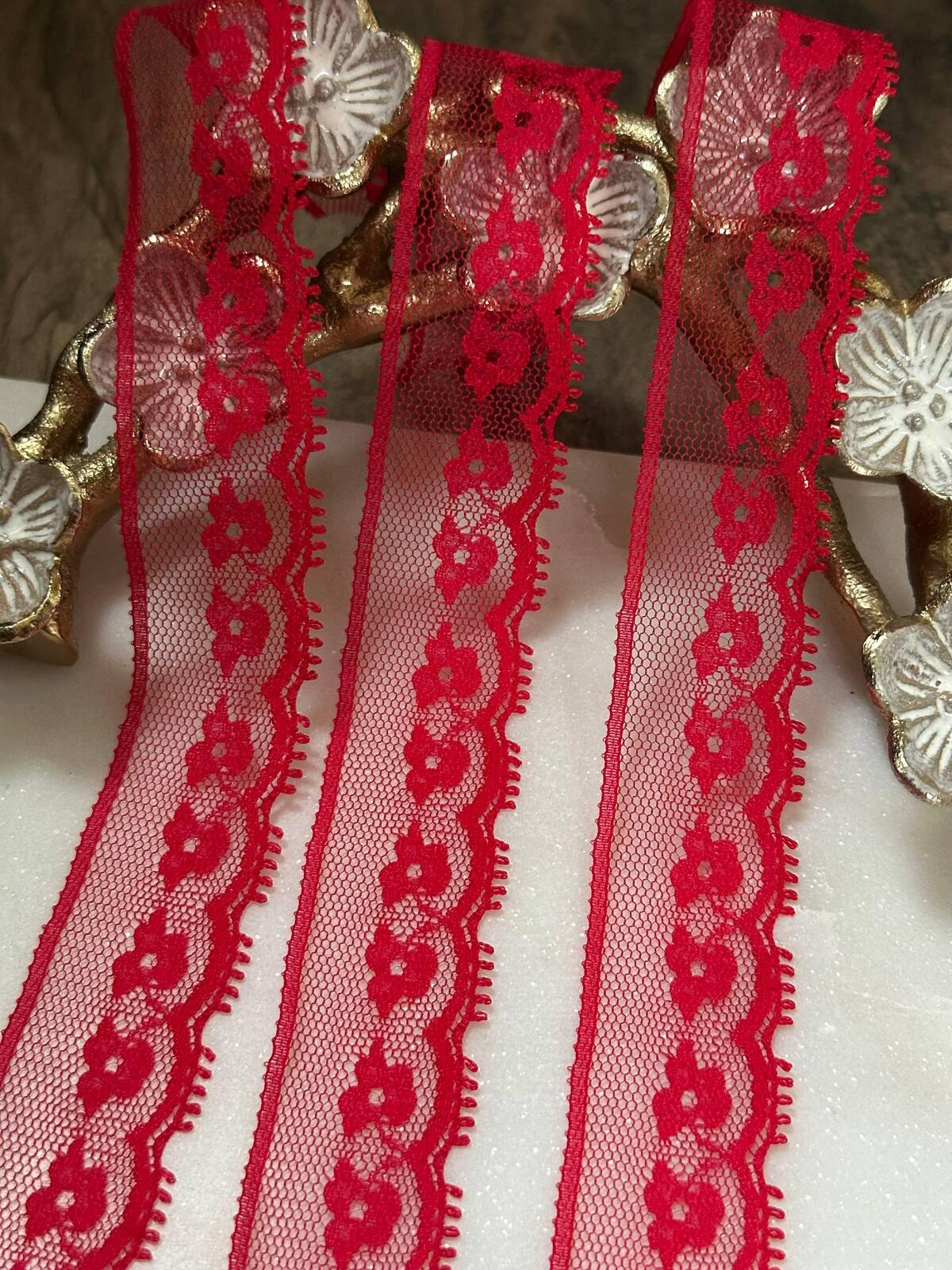 10yds Ultra Soft Crimson Red Floral Eyelash Non-Stretch Mesh Lace Trim by the Yard, Narrow Scalloped Tulle Ribbon, 1", Retail Wholesale Bulk
