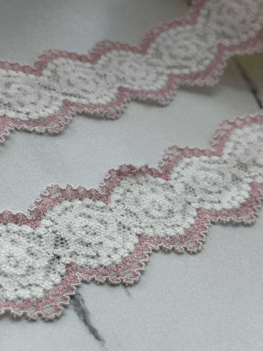 10Yds Stretch 1.2" Two Tone Pink White Scalloped Stretch Lace, Wholesale