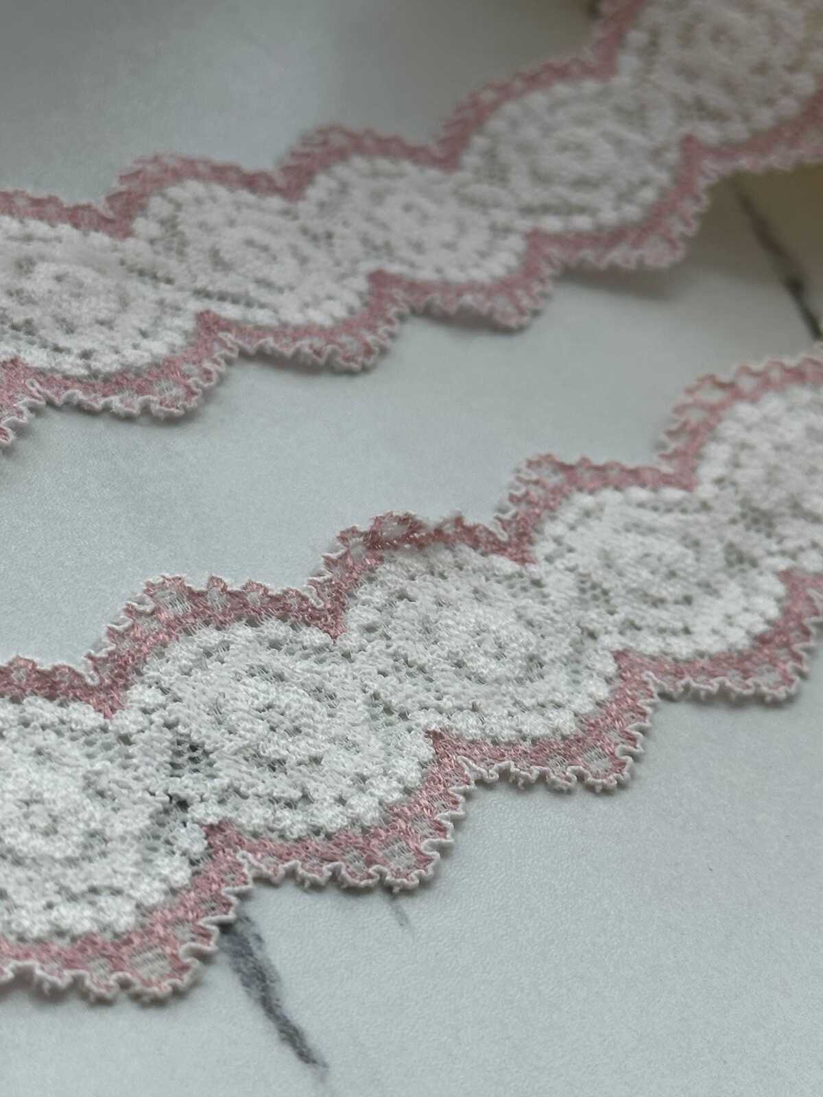 10Yds Stretch 1.2" Two Tone Pink White Scalloped Stretch Lace, Wholesale