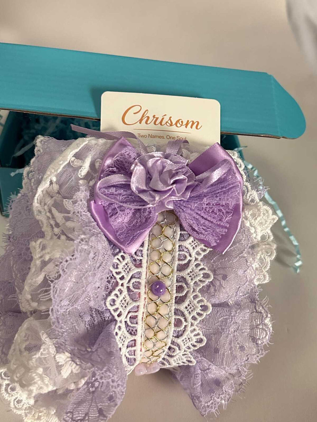 CHRISOM Handmade purple Lolita bow Handmade by My Daughter with Pearls & Sage Ribbon, Special Gift