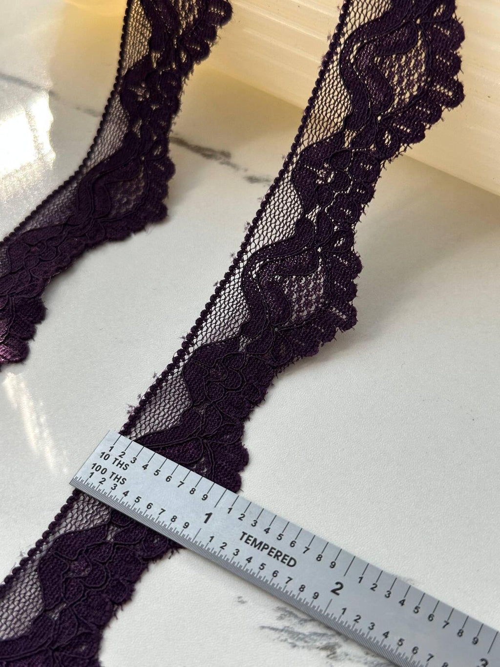 10Yds Stretch 1" Dark Plum Purple Scalloped Floral Stretch Lace Trim Bulk