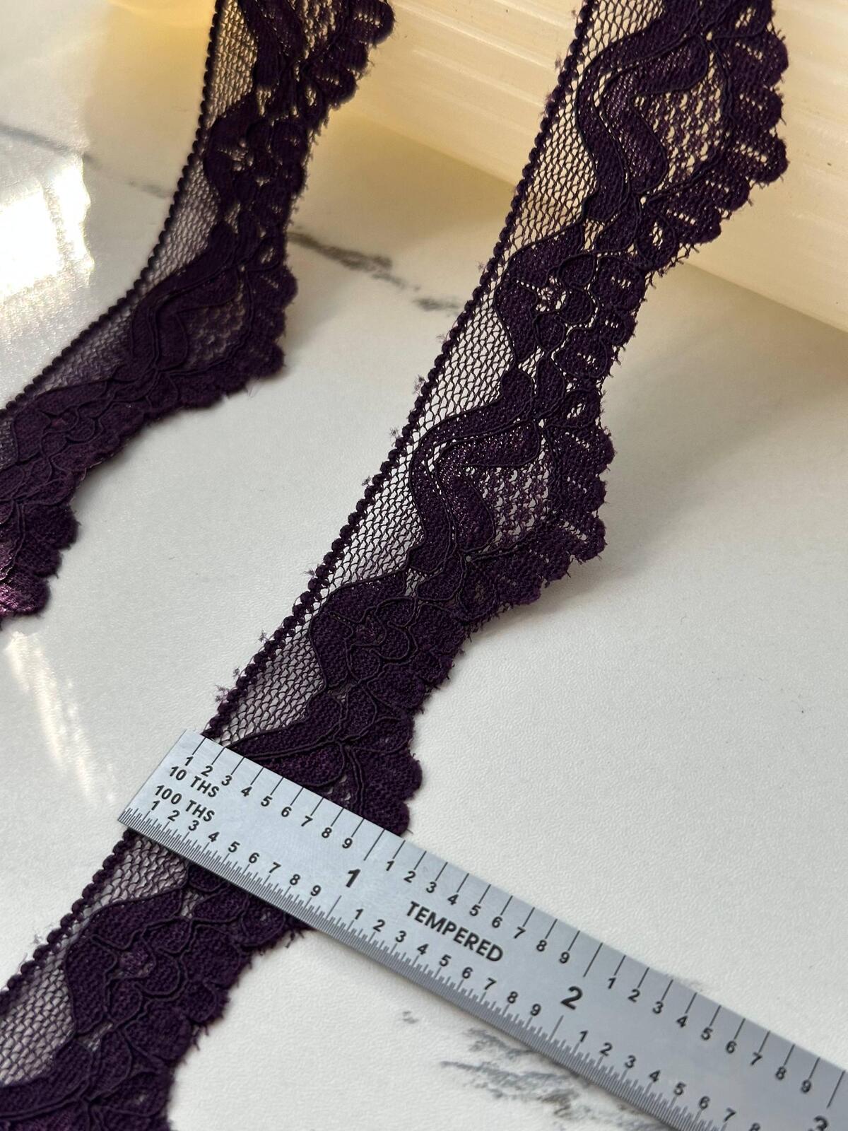 10Yds Stretch 1" Dark Plum Purple Scalloped Floral Stretch Lace Trim Bulk