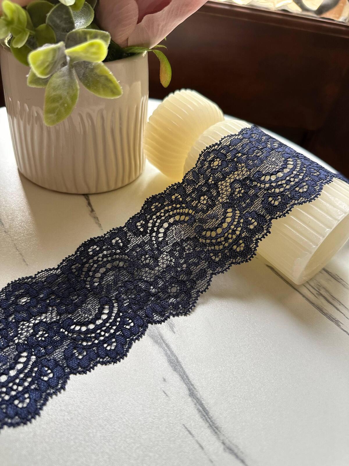 Deep Navy Blue Floral Stretch Elastic Lace Trim Symmetrical Double Scalloped Wide Galloon Ribbon for Lingerie Underwear Crafts, 2.35"