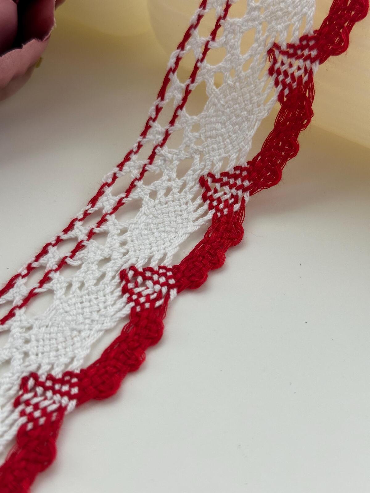 3Yds Non-Stretch 1.5" Red White Cotton Crochet Scalloped Lace Trim Wholesale