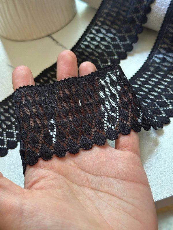 Classic Onyx Black Leaf Pattern Stretch Lace Trim, Symmetrical Double Scalloped Wide Ribbon for Lingerie Underwear Crafts, 2"