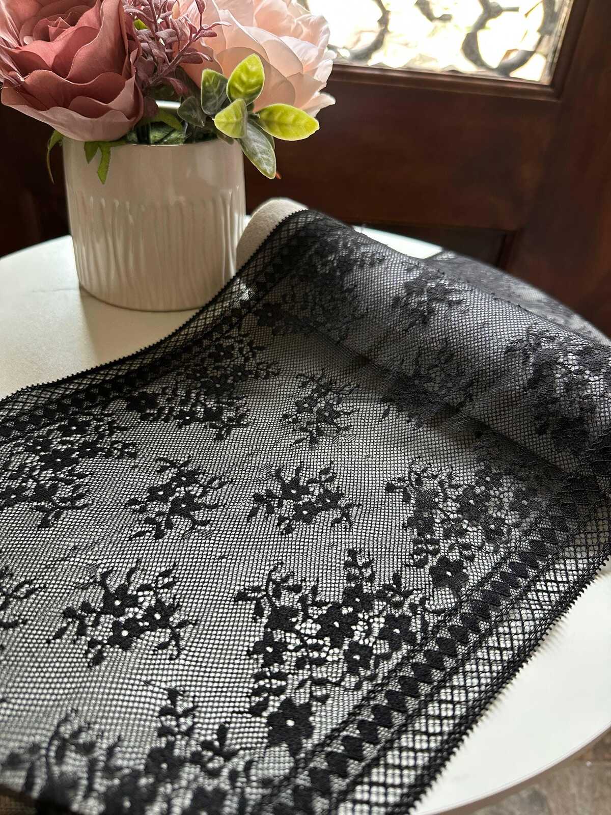 Classic Onyx Black Floral Slight Stretch Lace Trim Symmetrical Double Edge Extra Wide Galloon Ribbon for Corsets Gowns Crafts, 8.5"