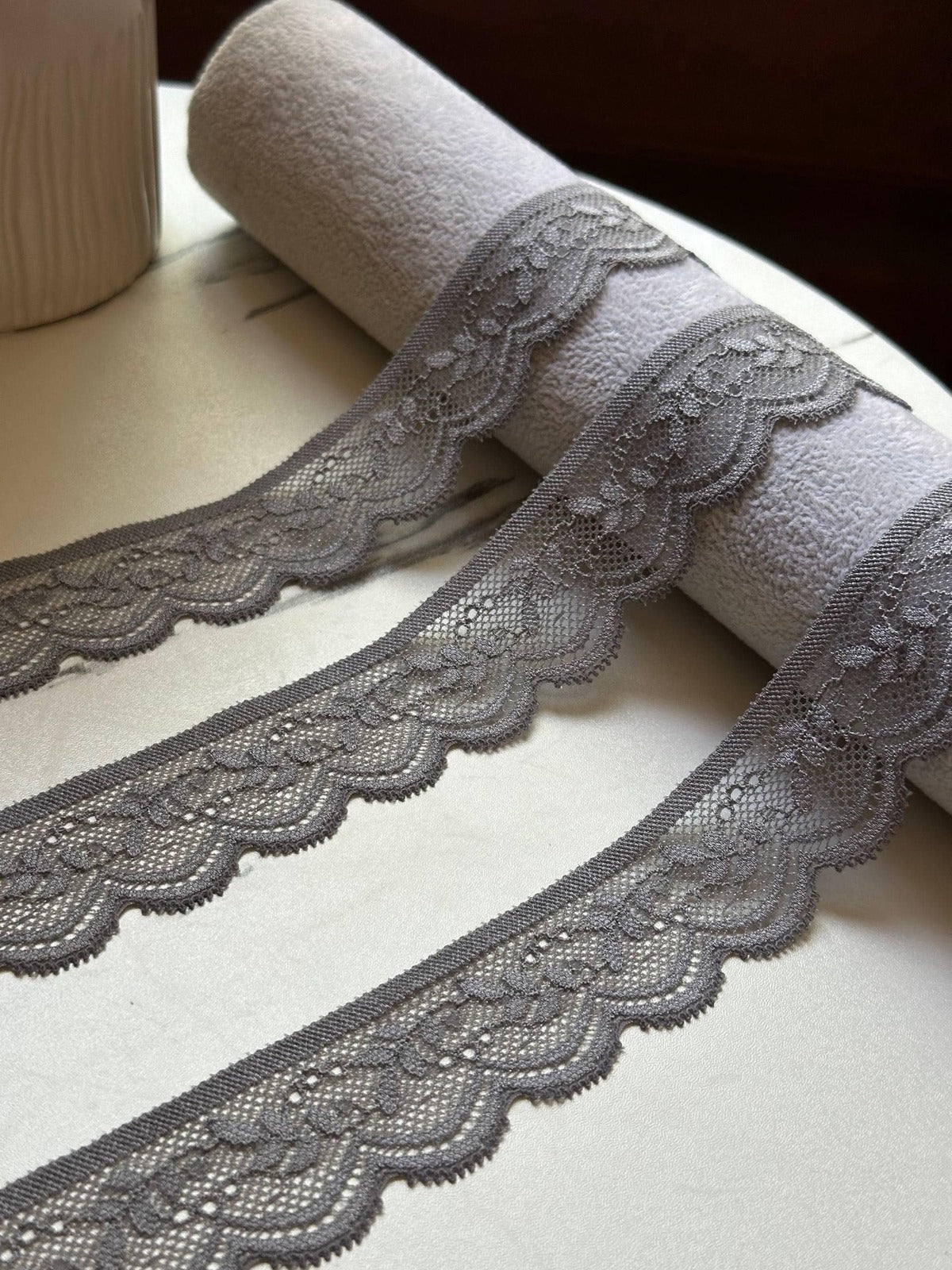 10yds   Taupe Charcoal Grey Floral Stretch Lace Trim by the Yard, Narrow Scalloped Elastic Ribbon for Lingerie Crafts 1.25" Retail Wholesale