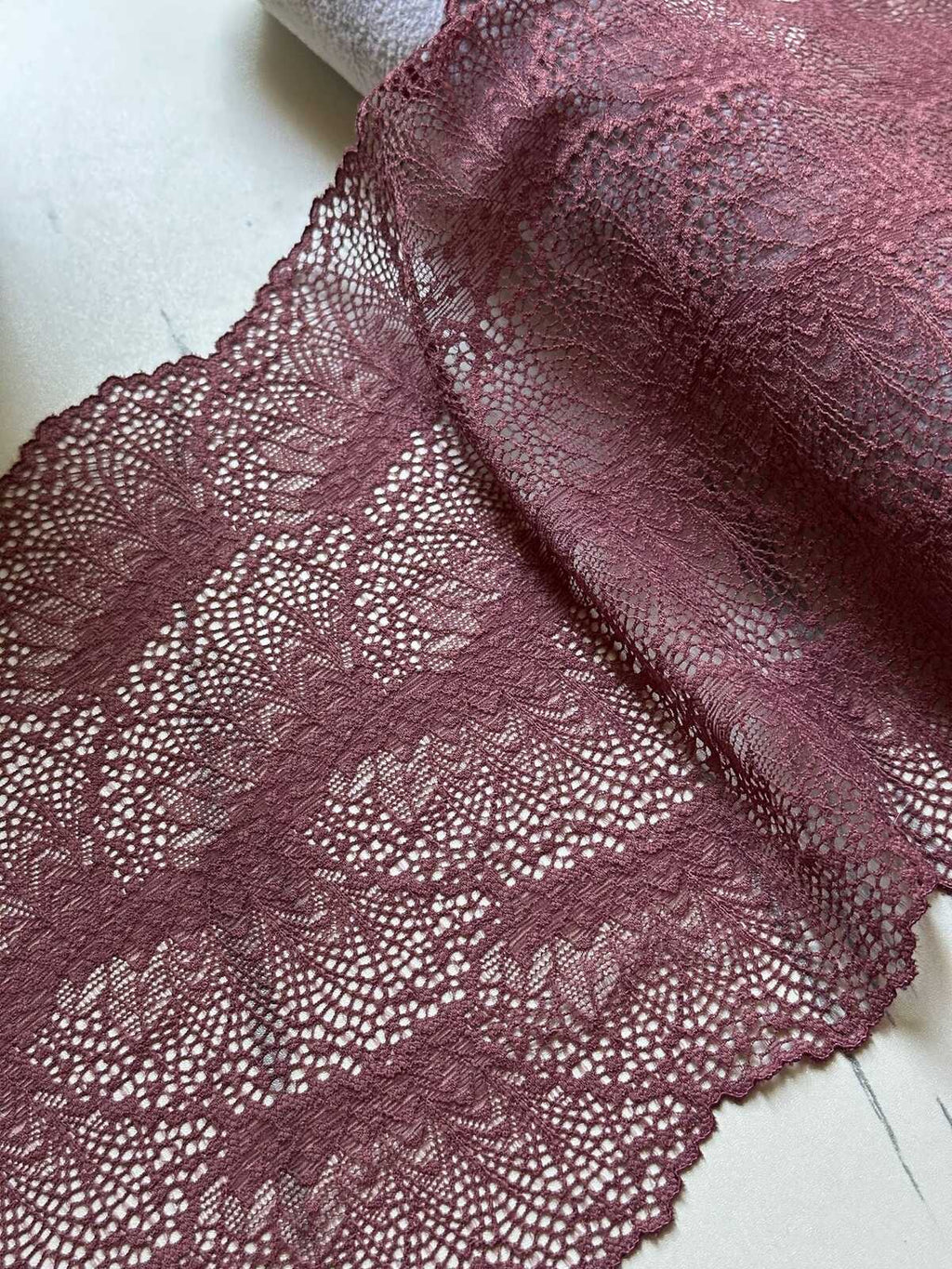 Soft Dusty Plum Rose Wide Stretch Lace Trim by the Yard, Floral Scalloped Elastic Ribbon, 7.5", Retail Wholesale Bulk