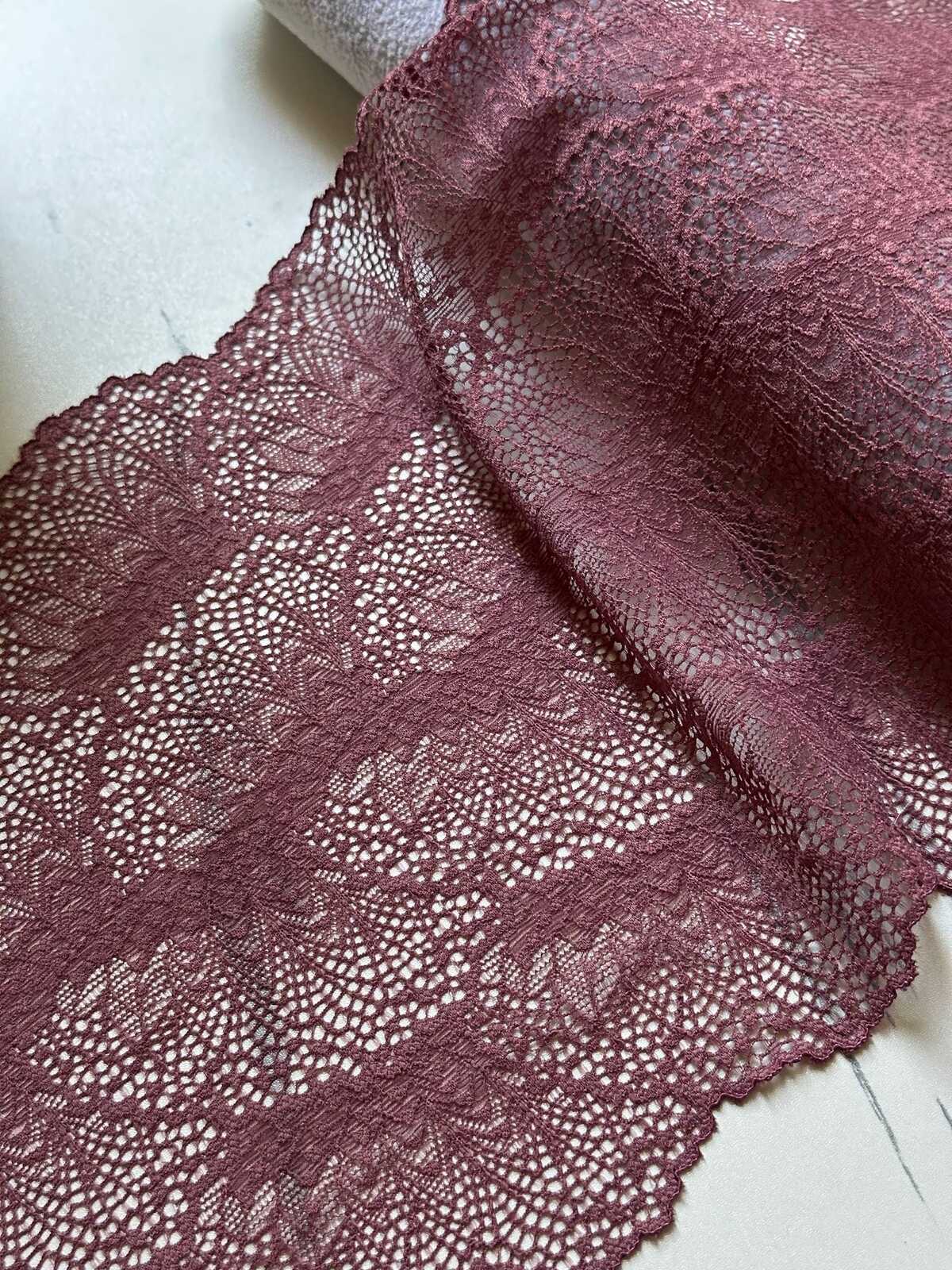 Soft Dusty Plum Rose Wide Stretch Lace Trim by the Yard, Floral Scalloped Elastic Ribbon, 7.5", Retail Wholesale Bulk