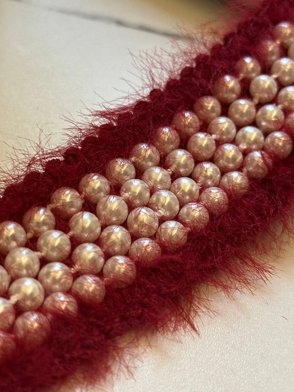Burgundy Pearl Beaded Tweed Trim by Yard, 1.35" Fuzzy Mohair Ribbon, Chanel Style Border, Coquette Craft Supply, DIY Sewing,Retail Wholesale