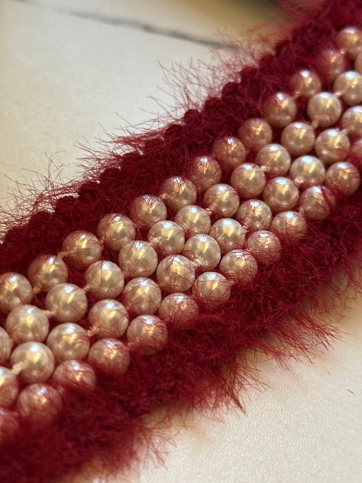 Burgundy Pearl Beaded Tweed Trim by Yard, 1.35" Fuzzy Mohair Ribbon, Chanel Style Border, Coquette Craft Supply, DIY Sewing,Retail Wholesale