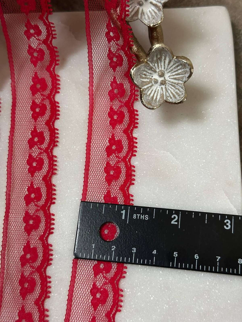 10yds Ultra Soft Crimson Red Floral Eyelash Non-Stretch Mesh Lace Trim by the Yard, Narrow Scalloped Tulle Ribbon, 1", Retail Wholesale Bulk