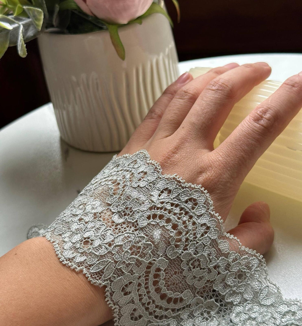 Sage Silver Sage Green Cordonnet Corded Stretch Elastic Lace Trim Symmetrical Double Scalloped for Lingerie Underwear Crafts, 2.75"