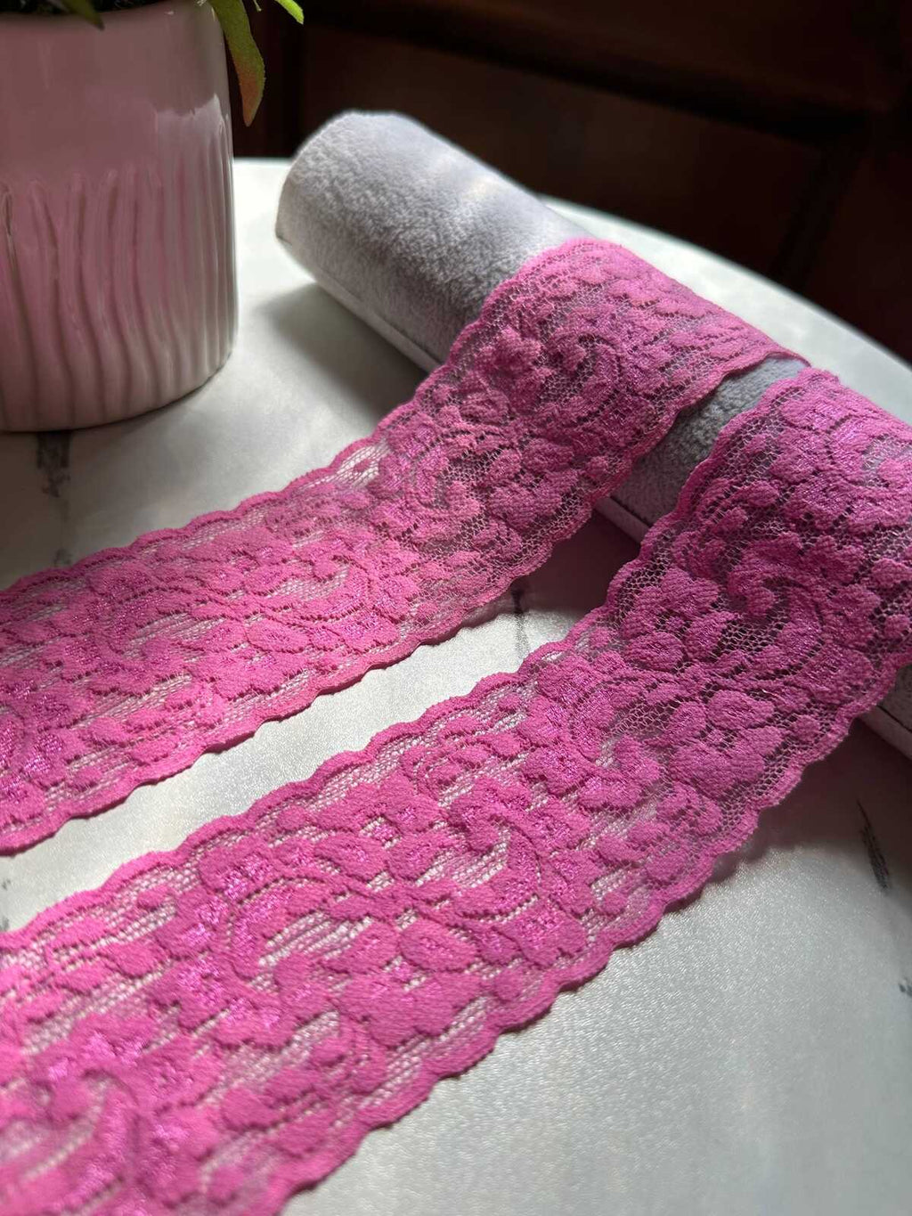 10yds Rose Orchid Pink Floral Stretch Elastic Lace Trim by the Yard, Wide Scalloped Galloon Ribbon for Lingerie Bridal Sewing Crafts, 2"