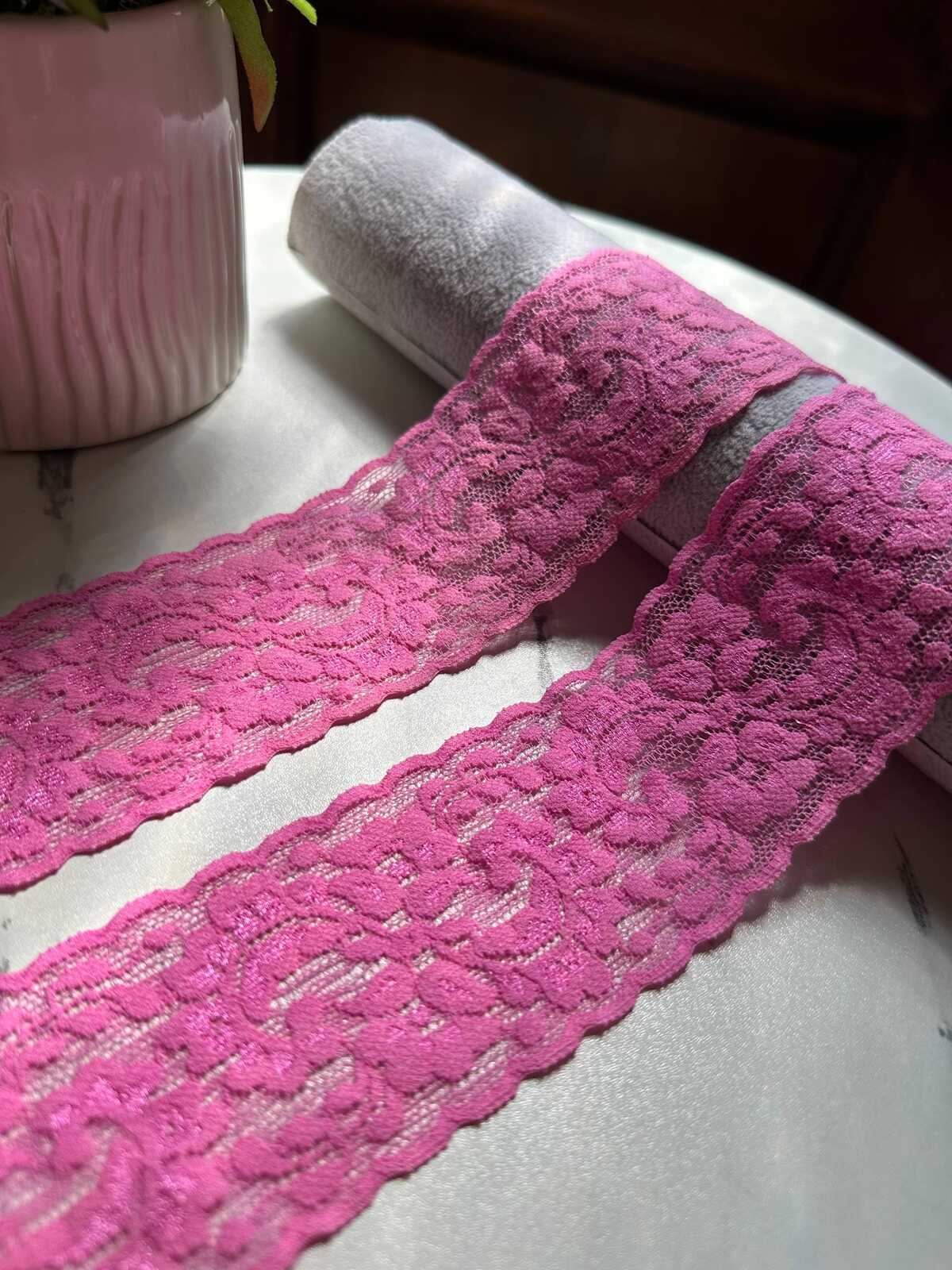 10yds Rose Orchid Pink Floral Stretch Elastic Lace Trim by the Yard, Wide Scalloped Galloon Ribbon for Lingerie Bridal Sewing Crafts, 2"