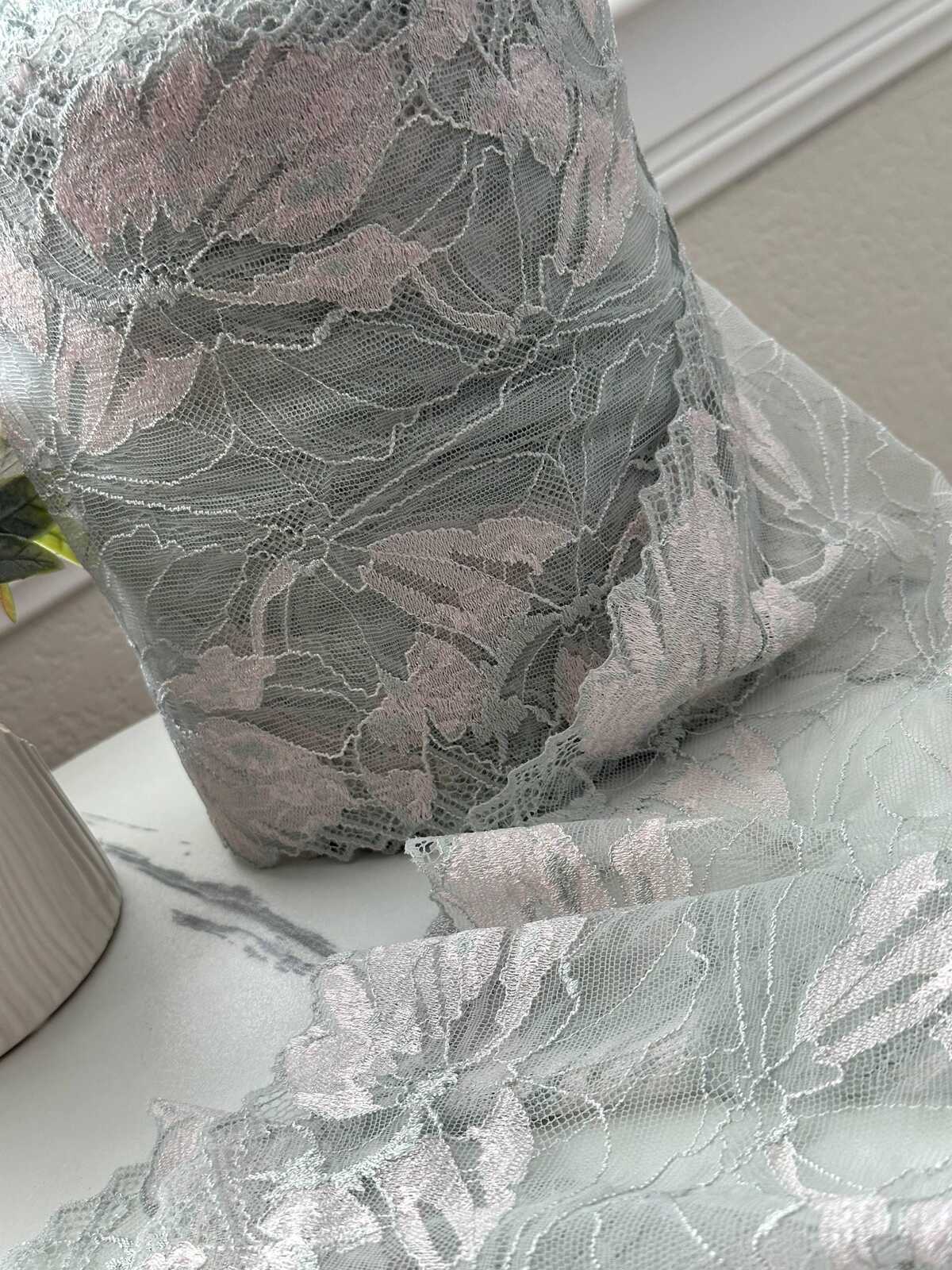 1Yd Slight Stretch 7.2" Two Tone Mint Pink Floral Wide Lace Trim Wholesale