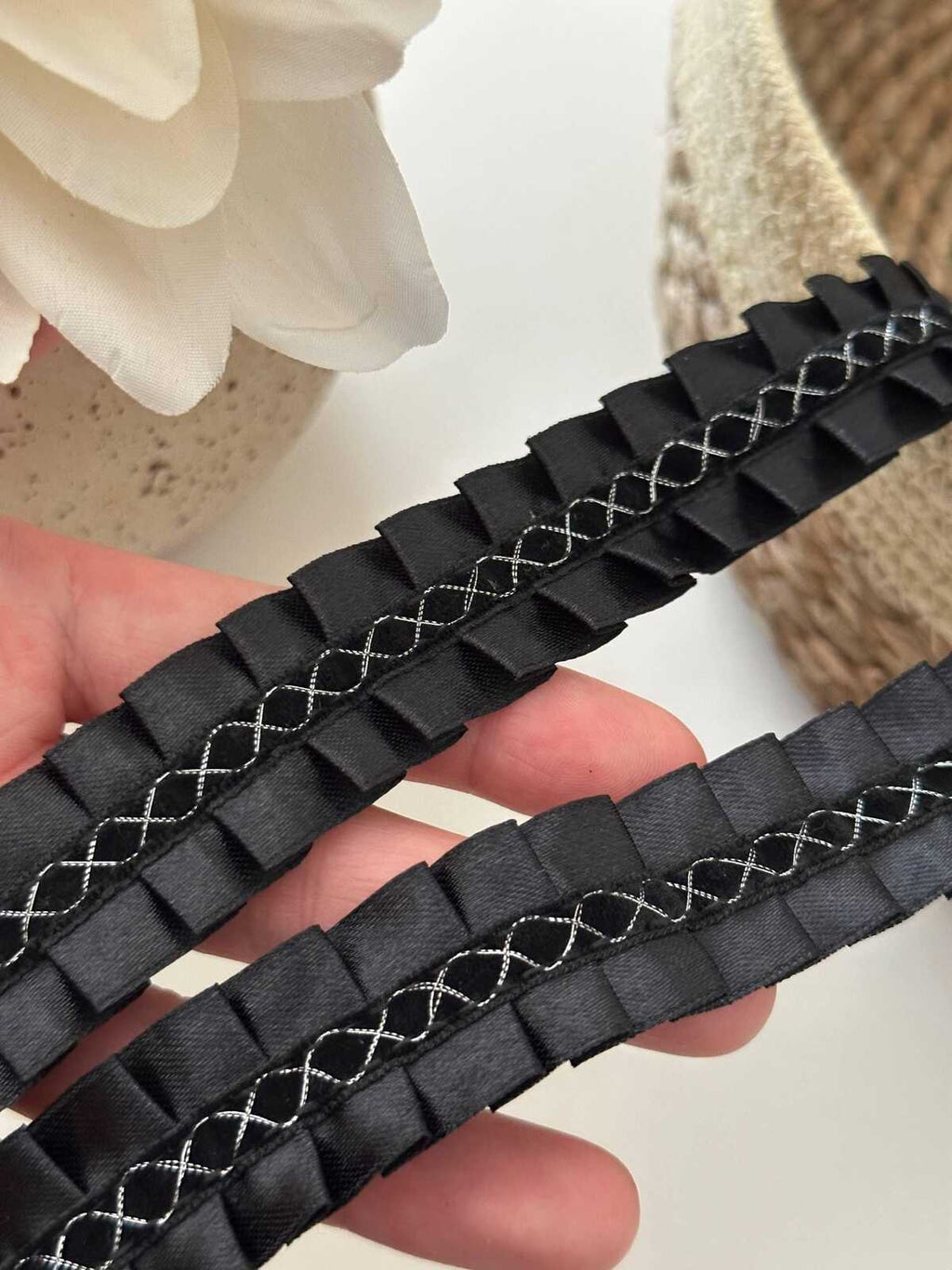 5Yds Black Box Pleated Satin Lace, 0.95" Silver Stitch Ribbon, Bulk Clearance Coquette Y2K Lace, Garment Trim, DIY Sewing, Retail Wholesale