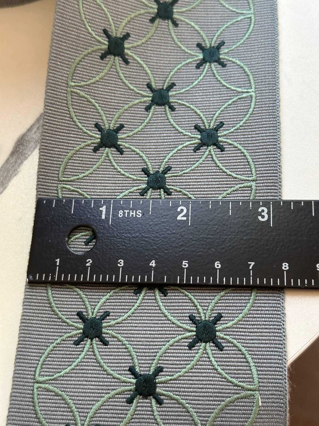 Sage Green Grey Geometric Flower Embroidered Grosgrain Canvas Webbing Ribbon Trim by the Yard, Wide Jacquard Border, 3.1"