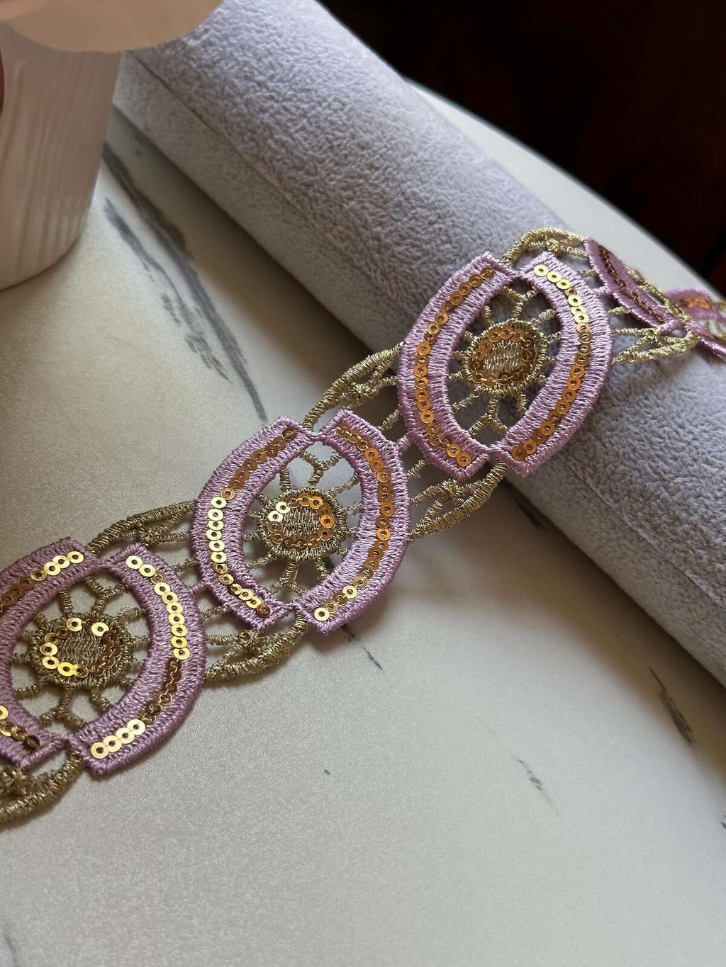 Lavender Gold Sequin Guipure Water Soluble Lace Trim Metallic Ribbon, Coquette Craft Supply, 1.5", Retail Wholesale Bulk