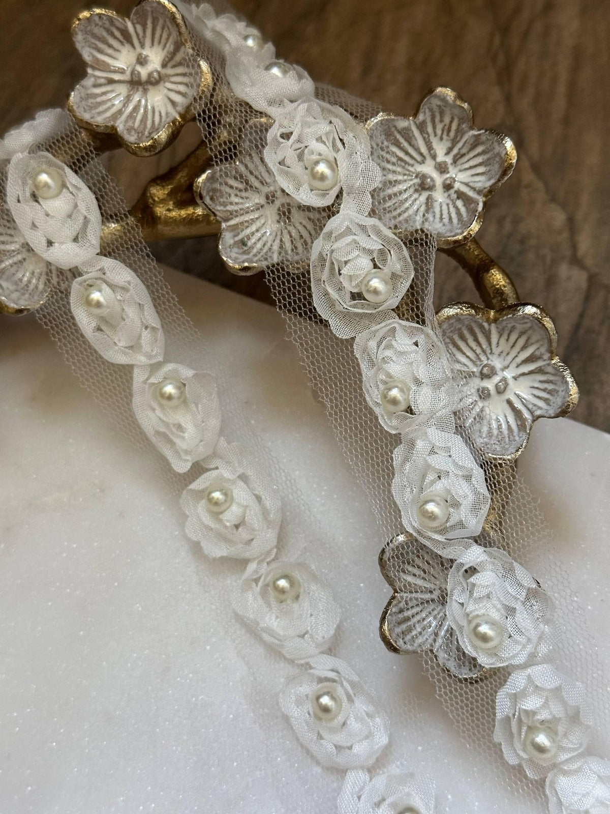 Off White Pearl Beaded Floral Lace Trim, 3D Organza Ribbon, Soft Skin Friendly Coquette Craft Supply, 0.75", Retail Wholesale Bulk