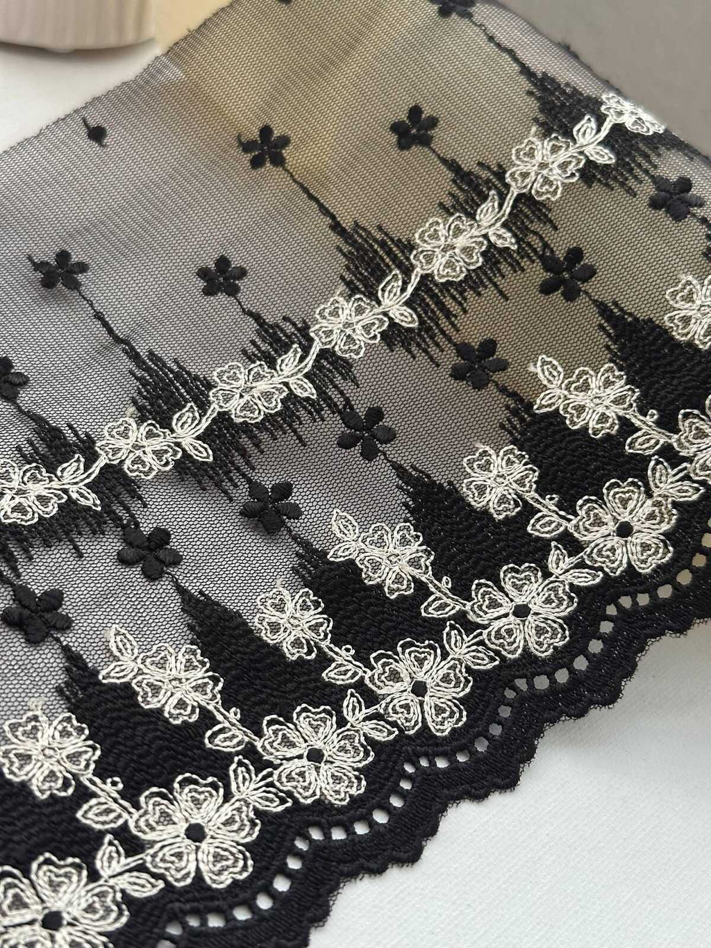 1Yd Non-Stretch 6.9" Black Off-White Floral Embroidered Mesh Lace Wholesale