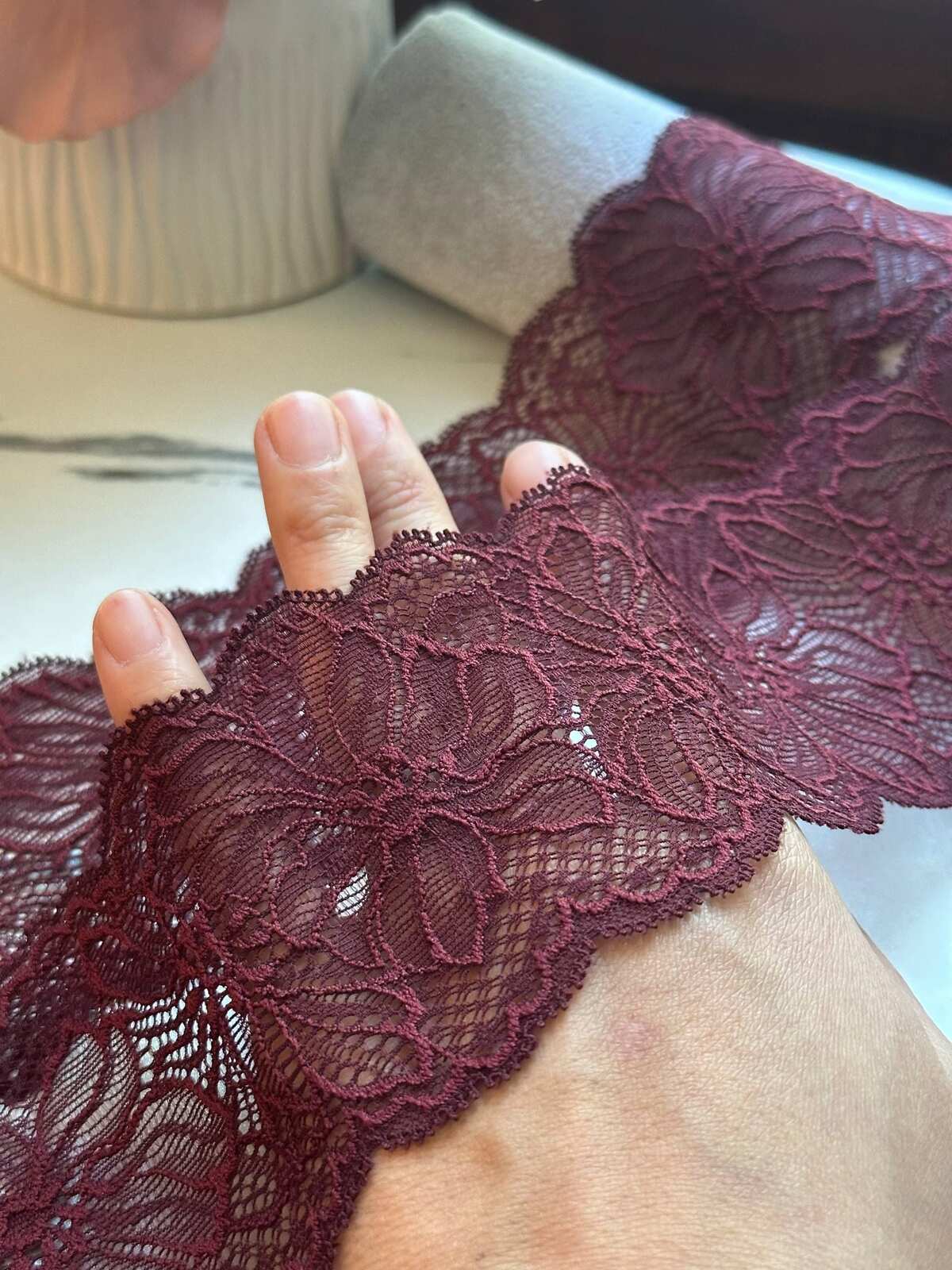 Burgundy Wine Red Floral Stretch Lace Trim by the Yard, Scalloped Elastic Ribbon for Coquette Lingerie Apparel Crafts, 2.8"
