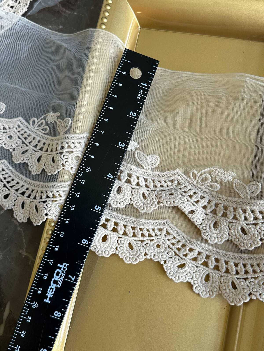 6" Champagne Cream Guipure Embroidered Tulle Lace Trim by the Yard, Vintage Scalloped Mesh Chemical Lace for Lolita Dress, Bridal Craft
