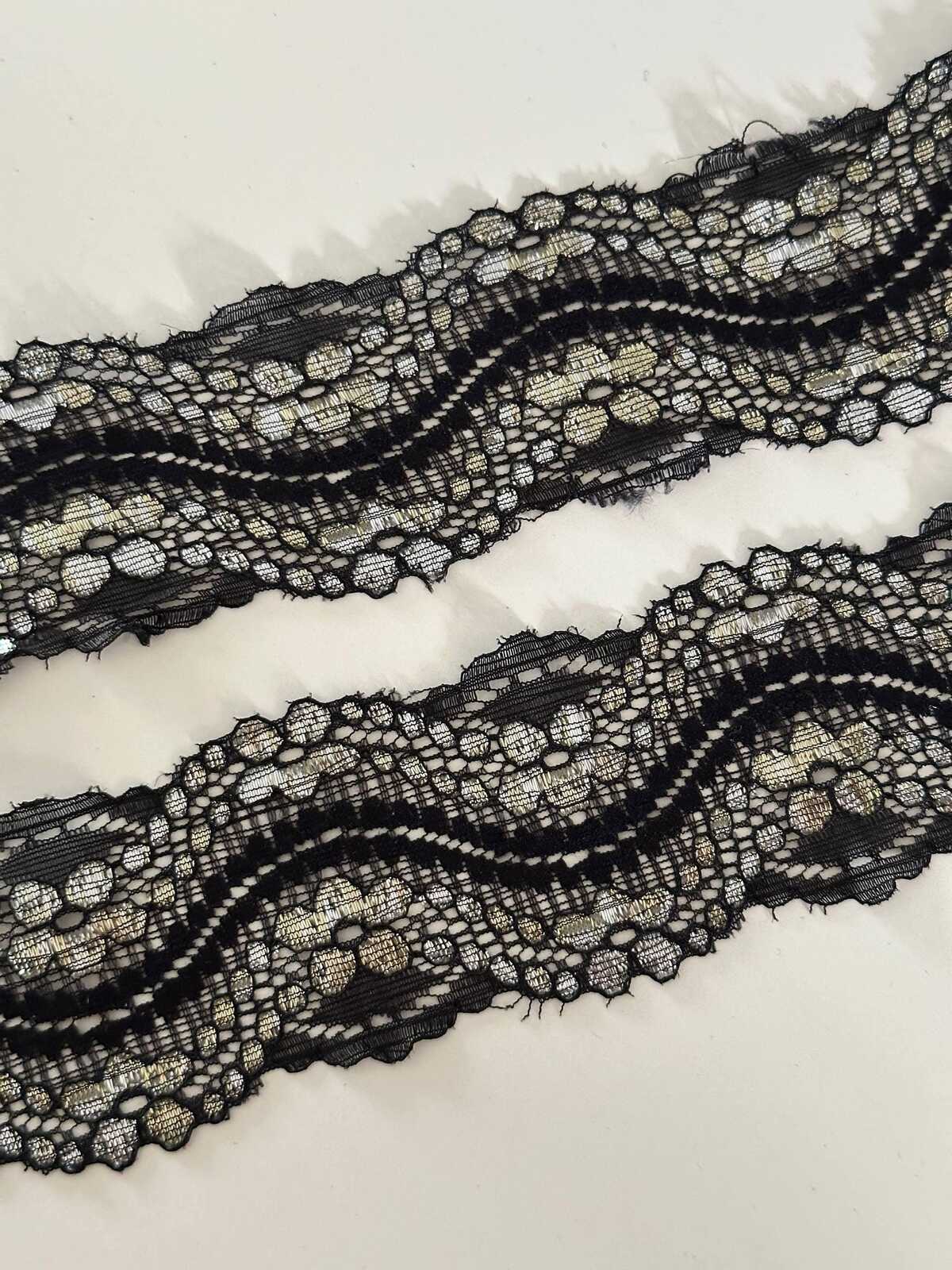 10yds Black Gold Metallic Lace Trim, 2" Rigid Ribbon, Bulk Clearance Coquette Y2K Lace, Garment Trim, DIY Sewing, Retail Wholesale