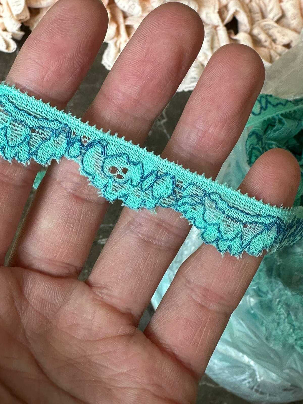 10 yard 0.5" Mint Green and Navy Blue Stretch Lace Trim, 0.5 Inch Delicate Stretchy Scalloped Lace Ribbon for Lingerie, Sewing