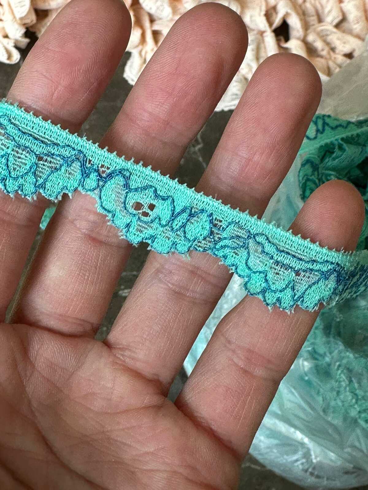 10 yard 0.5" Mint Green and Navy Blue Stretch Lace Trim, 0.5 Inch Delicate Stretchy Scalloped Lace Ribbon for Lingerie, Sewing