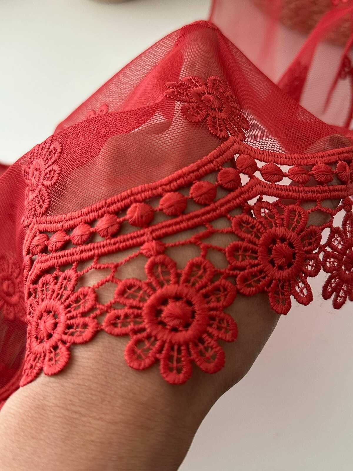 3Yds Non-Stretch 11" Red Daisy Floral Mesh Embroidered Lace Trim, Wholesale
