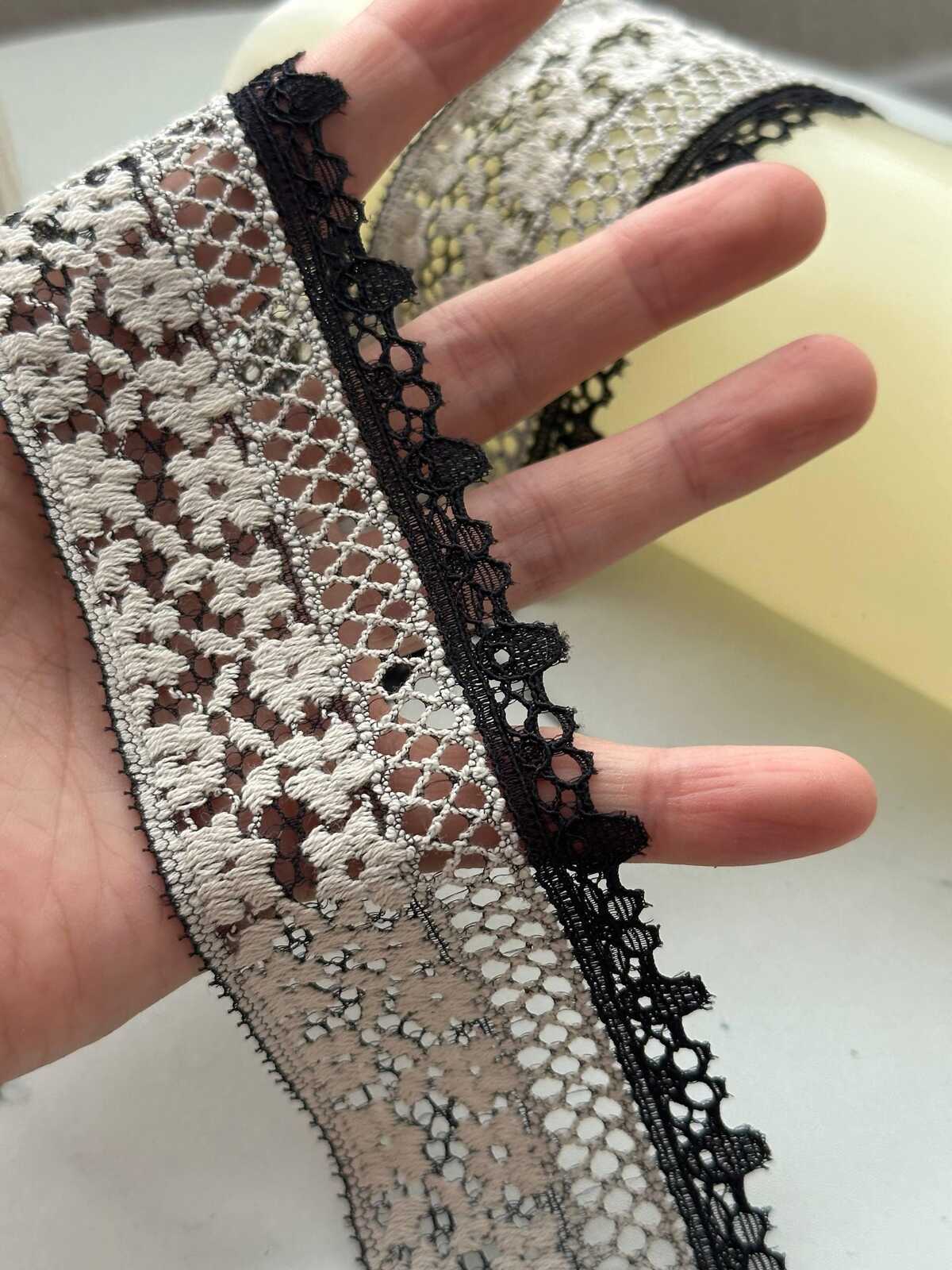 6Yds Stretch 2" Black Off-White  Two Tone Unique Floral Mesh Stretch Lace Trim