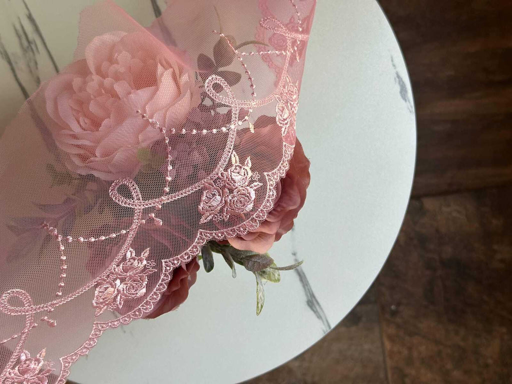 Light Baby Pink Rose Embroidered Mesh Tulle Lace Trim Symmetrical Double Scalloped Wide Galloon Ribbon for Gowns Lingerie Crafts Sewing, 6"
