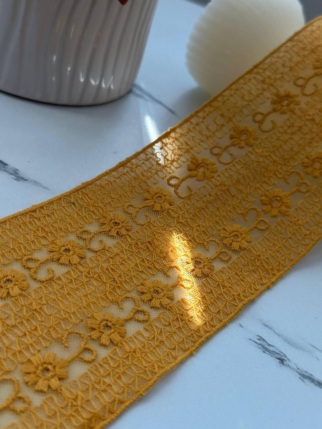 1Yd Non-Stretch 2.9" Mustard Yellow Floral Embroidered Cotton Lace Trim