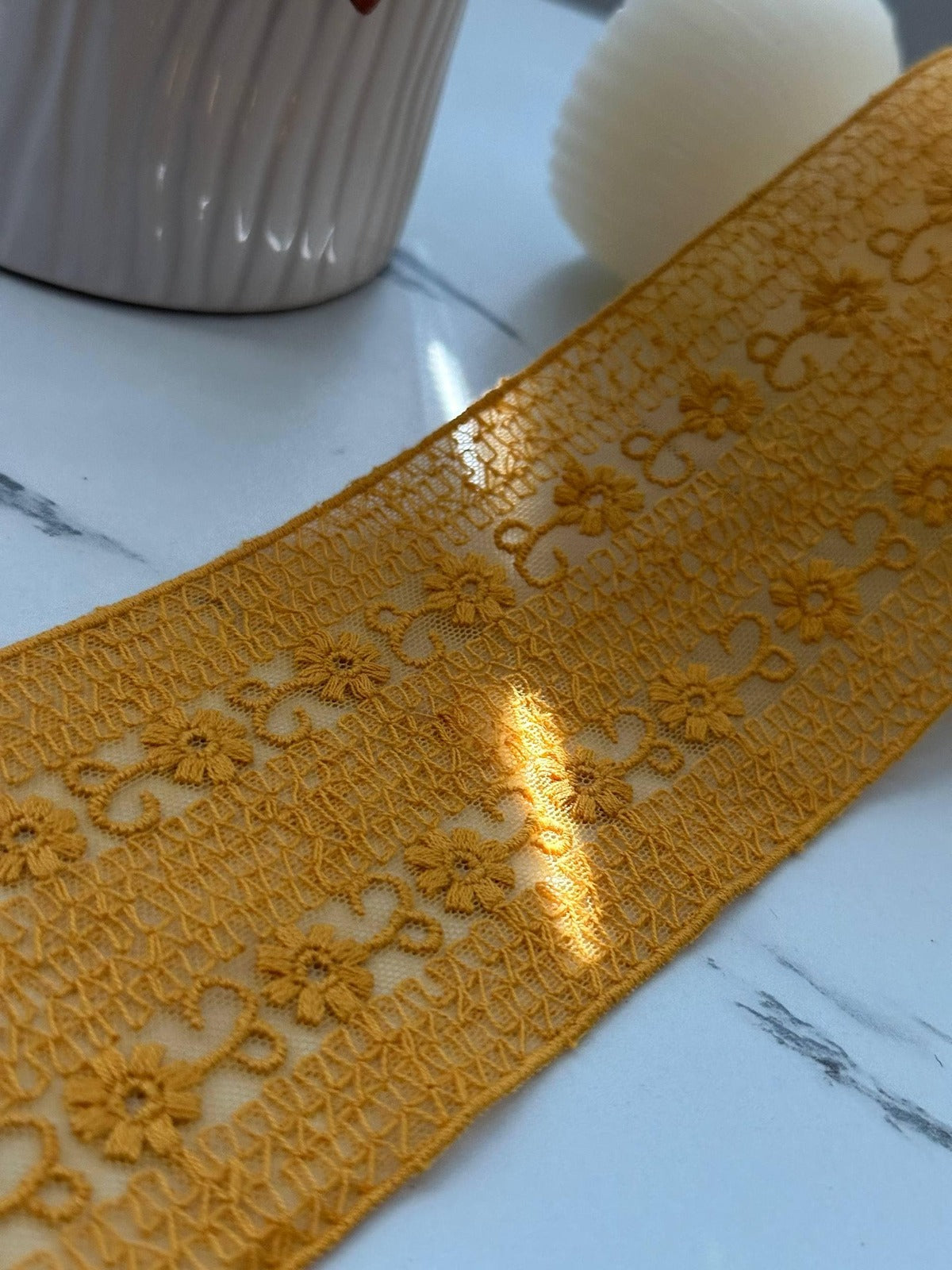 1Yd Non-Stretch 2.9" Mustard Yellow Floral Embroidered Cotton Lace Trim