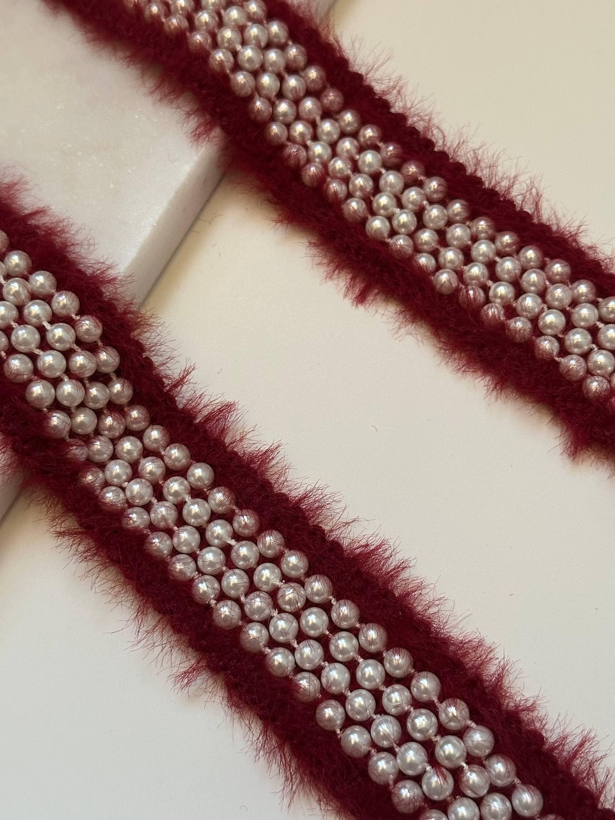 Burgundy Pearl Beaded Tweed Trim by Yard, 1.35" Fuzzy Mohair Ribbon, Chanel Style Border, Coquette Craft Supply, DIY Sewing,Retail Wholesale