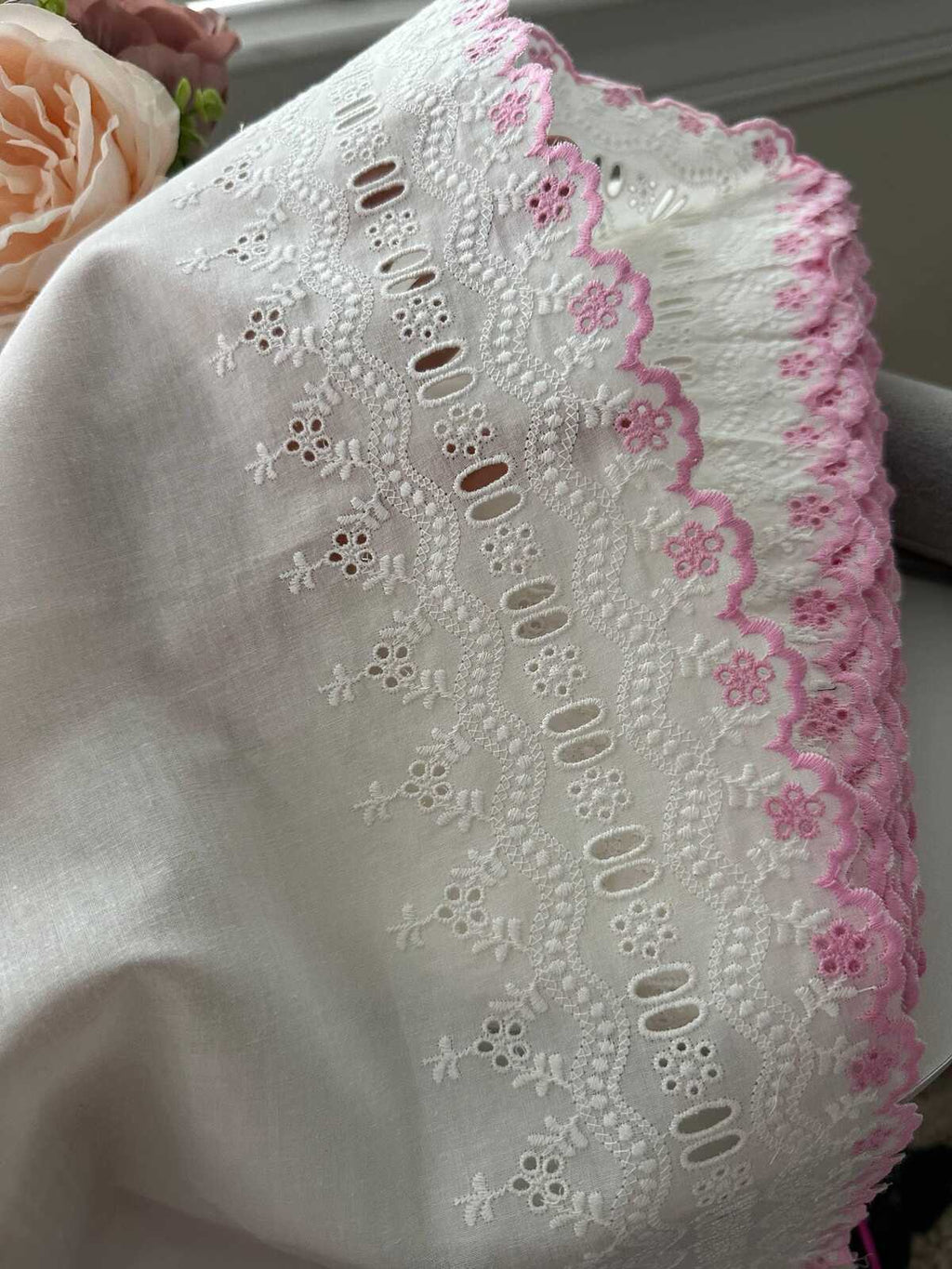 1Yd Non-Stretch 8.3" Off-White Pink Cotton Eyelet Embroidered Lace Trim