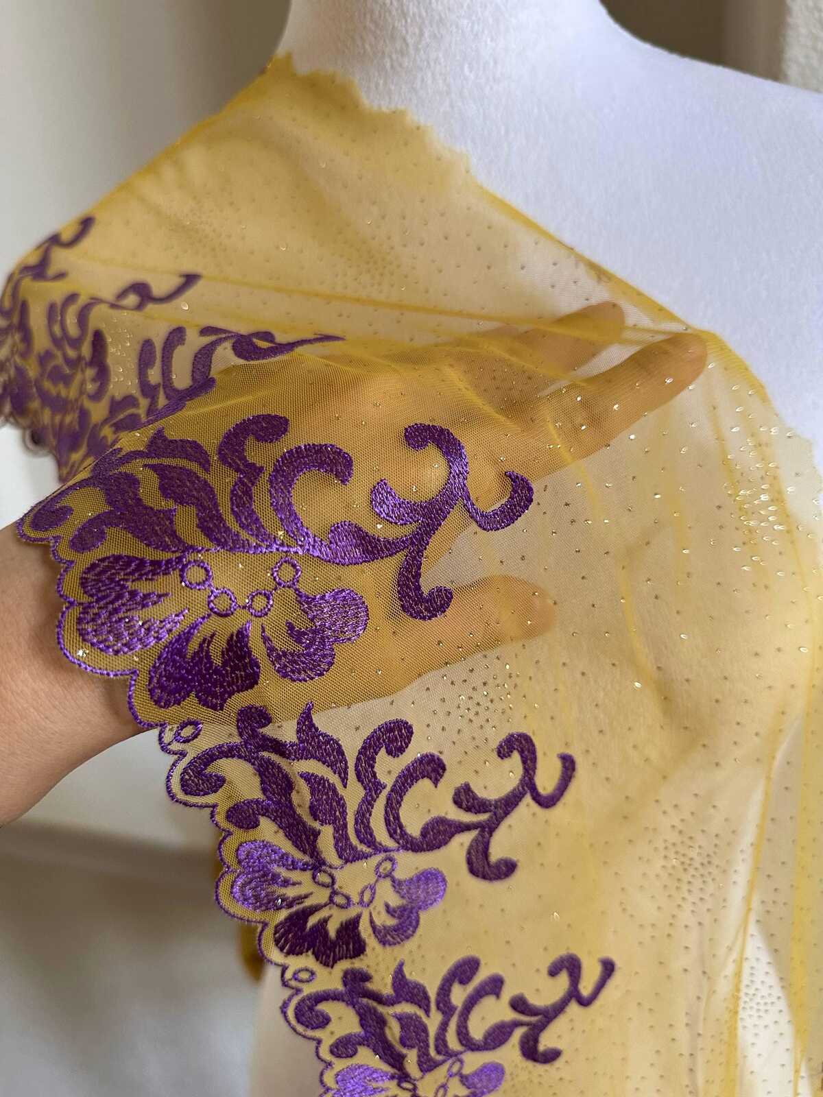 Glitter Gold Soft Mesh Embroidered Trim, Heavy Scalloped Floral Lace Fabric, 4 Inch Embroidery Border for Lolita Dress Ruffle, By The Yard