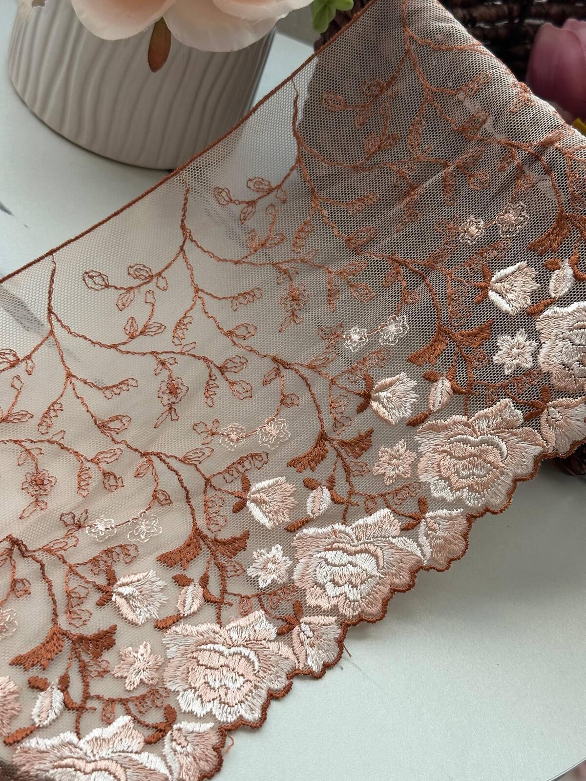 3Yds Non-Stretch 6.3" Autumn Terracotta Rust Floral Embroidered Mesh Lace Trim