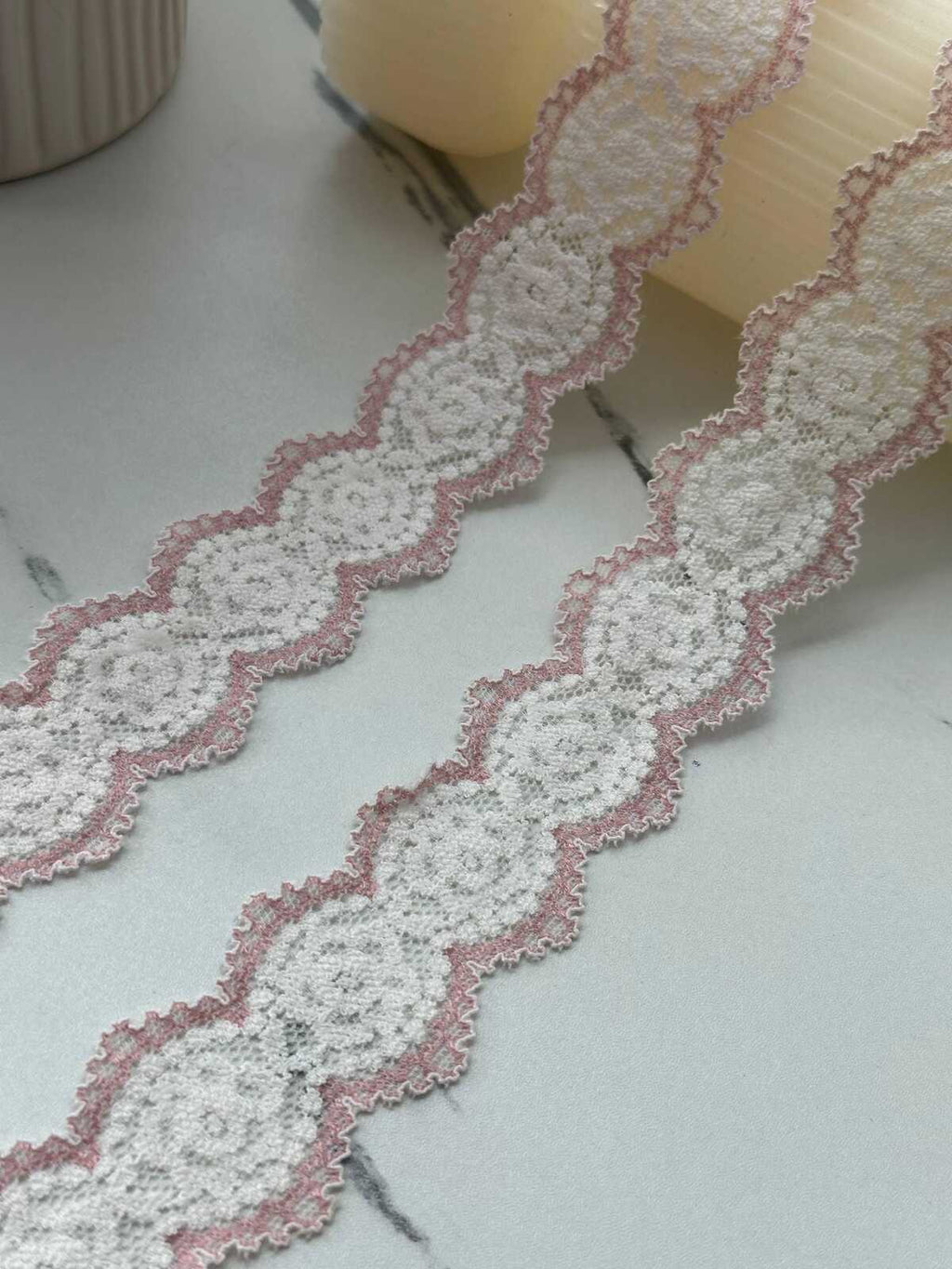 10Yds Stretch 1.2" Two Tone Pink White Scalloped Stretch Lace, Wholesale