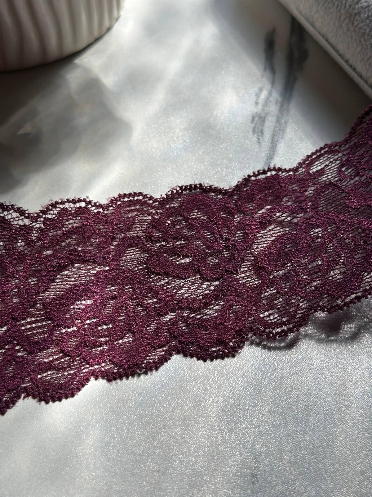 10yds Burgundy Wine Floral Stretch Elastic Lace Trim by the Yard, Wide Scalloped Galloon Ribbon for Lingerie Bridal Sewing Crafts, 2.2"