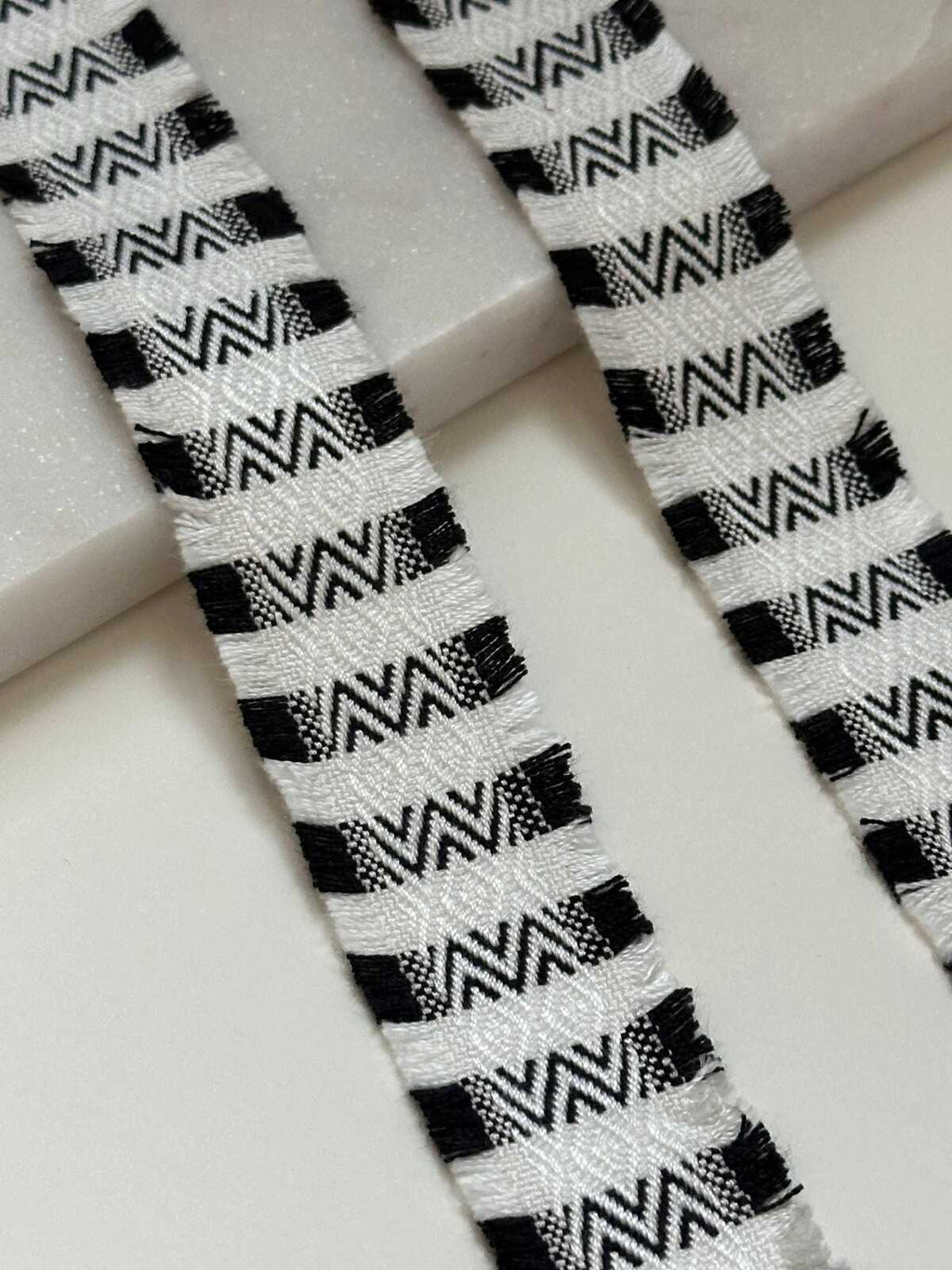 Black White Geometric Jacquard Trim by Yard, 1.25" Fringed Boho Ribbon, Tribal Edge, Coquette Craft Supply, DIY Sewing, Retail Wholesale