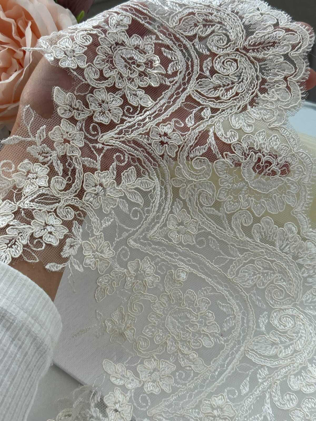1Yd Non-Stretch 8.5" Off-White Corded Floral Bridal Mesh Lace Trim Wholesale