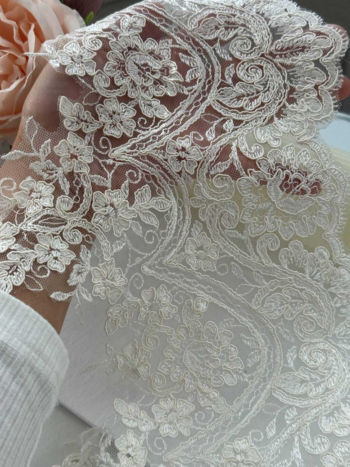 1Yd Non-Stretch 8.5" Off-White Corded Floral Bridal Mesh Lace Trim Wholesale
