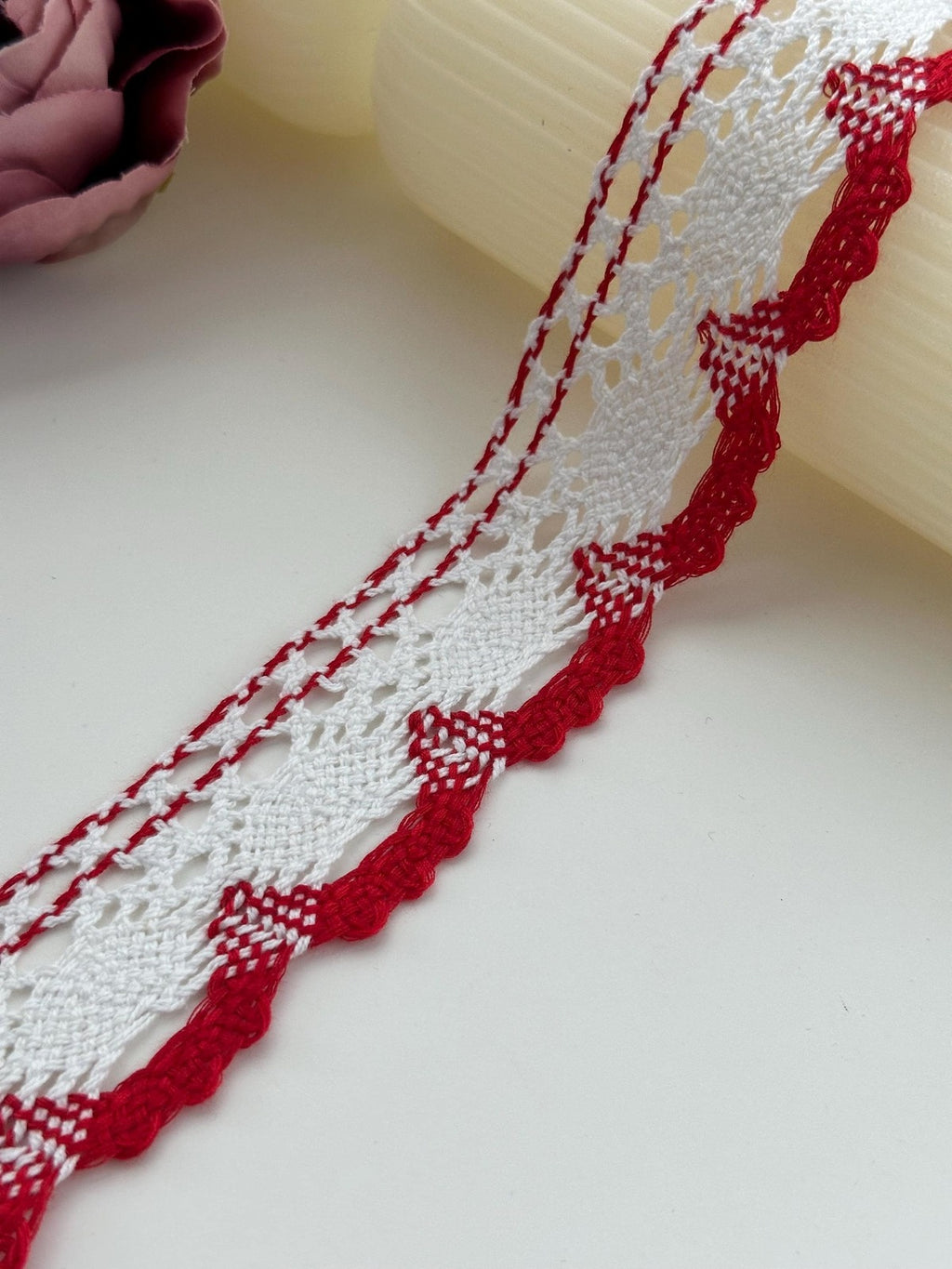3Yds Non-Stretch 1.5" Red White Cotton Crochet Scalloped Lace Trim Wholesale