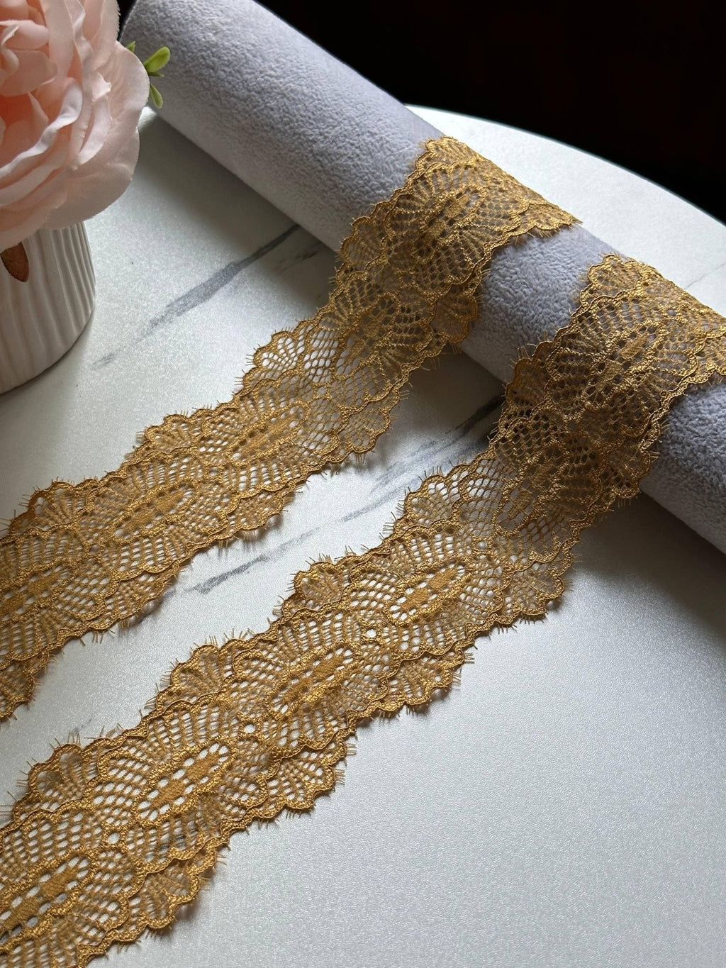 Gold Eyelash Lace Trim, 2" Eyed Stretch Ribbon, Bulk Clearance Coquette Y2K Lace, Lingerie Lace, DIY Sewing, Retail Wholesale