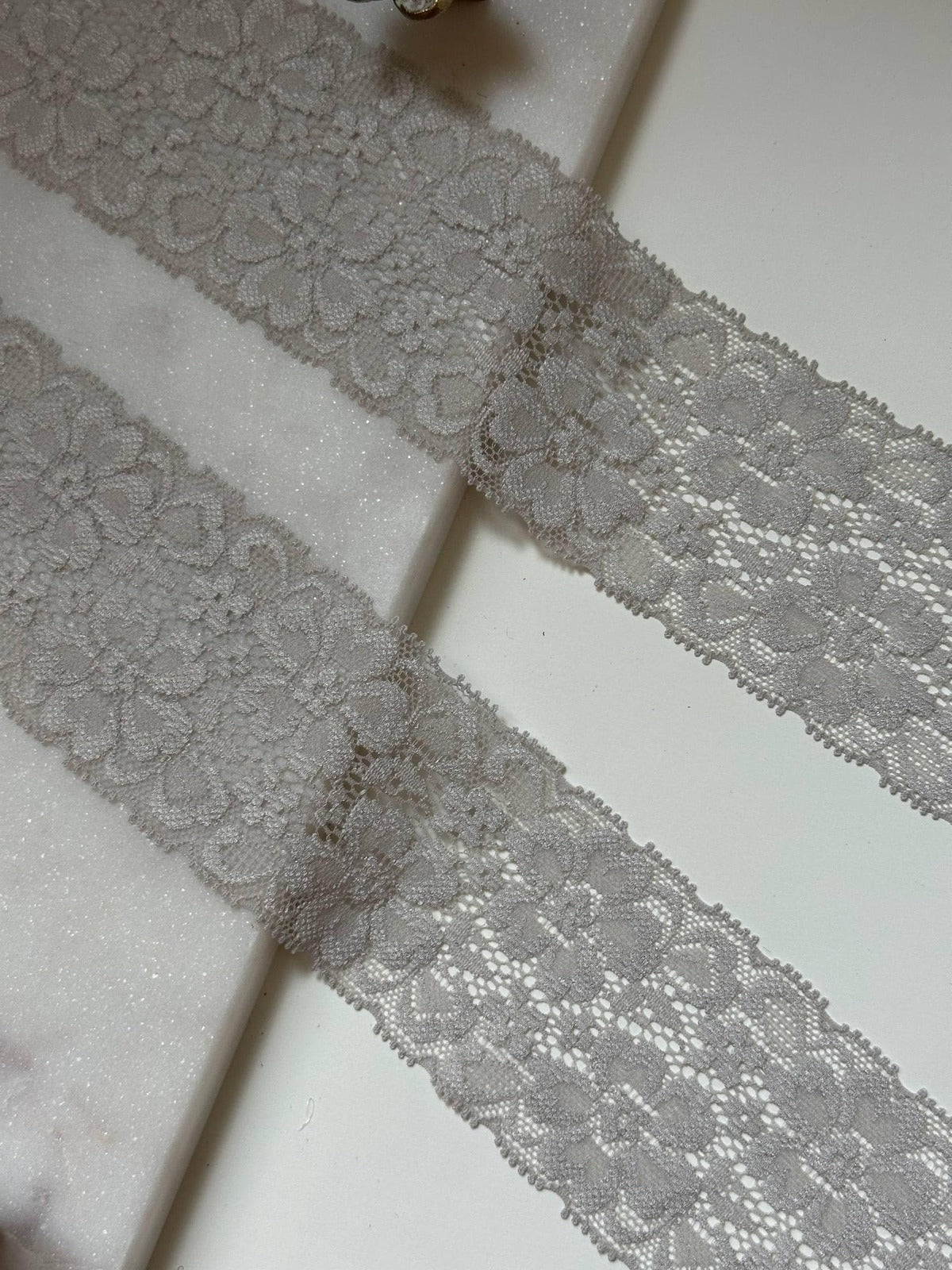 Taupe Grey Floral Stretch Lace Trim by Yard, Elastic Ribbon, Soft Skin Friendly Coquette Craft Supply, 2.15", Retail Wholesale Bulk