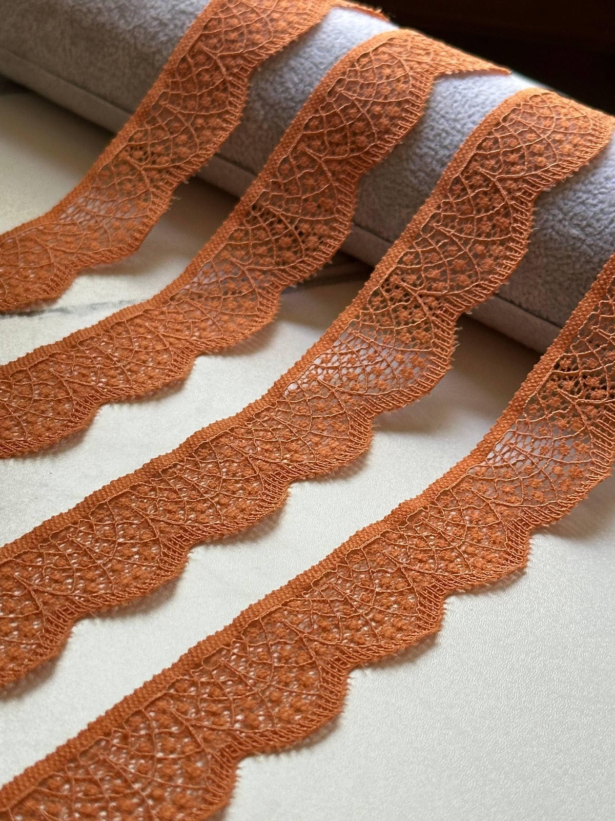 10yds Pumpkin Spice Polka Dot Floral Stretch Lace Trim by the Yard, Single Scalloped Narrow Elastic Ribbon for Lingerie Bridal Crafts, 1"
