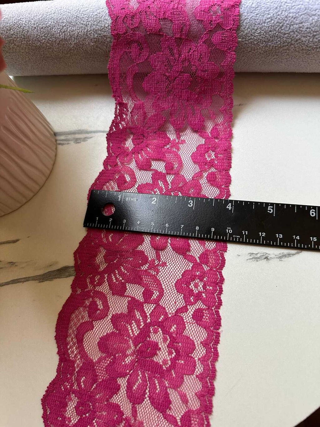 Magenta Fuchsia Pink Floral Non Stretch Lace Trim by the Yard, Wide Scalloped Galloon Ribbon for Bridal Apparel Crafts, 3.9"